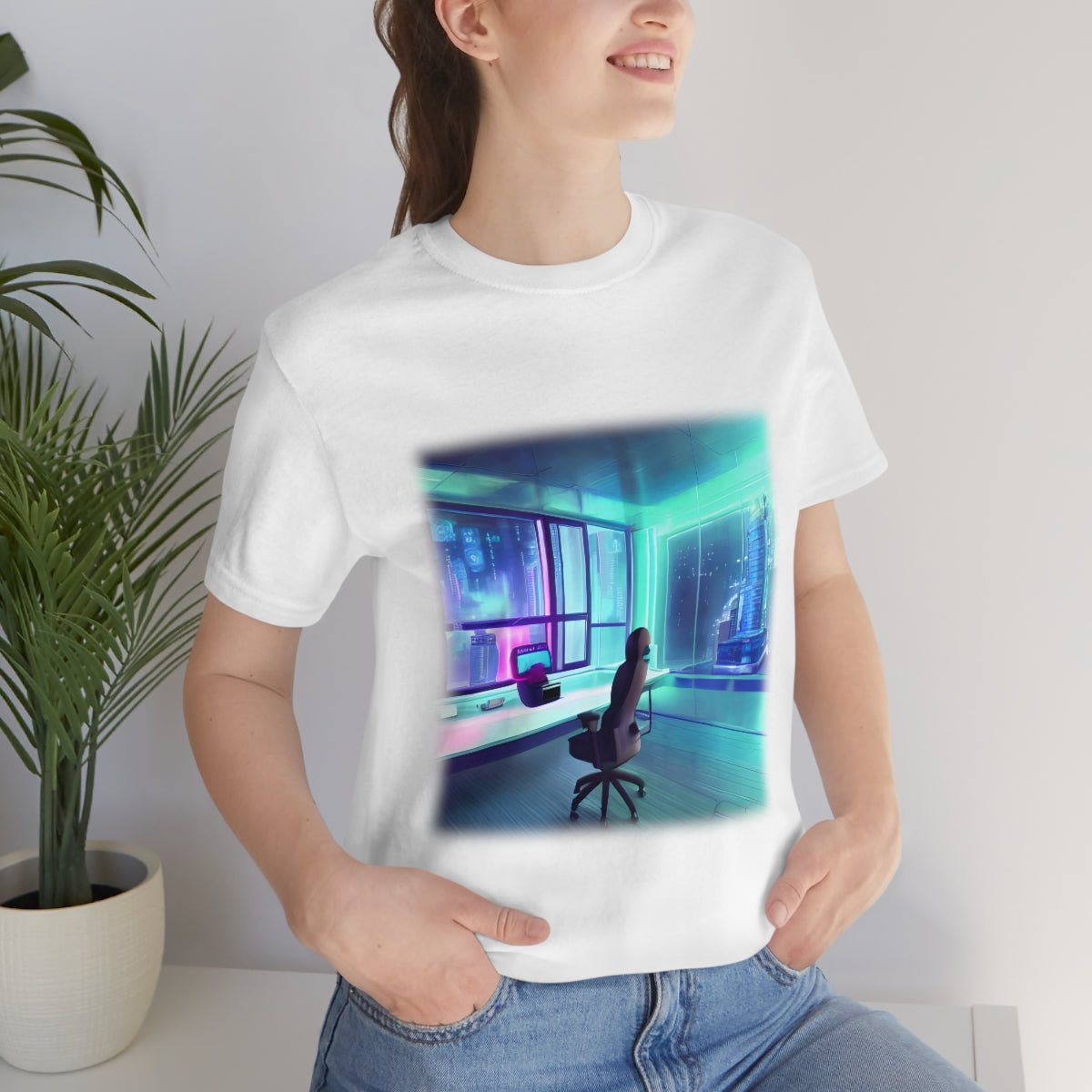 a cyberpunk room big windows overlooking a futuristic and neon city in the middle of the room an otter typing on a computer terminal wearing big headphones hyper realistic